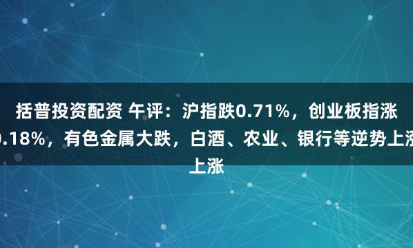 括普投资配资 午评：沪指跌0.71%，创业板指涨0.18%，有色金属大跌，白酒、农业、银行等逆势上涨